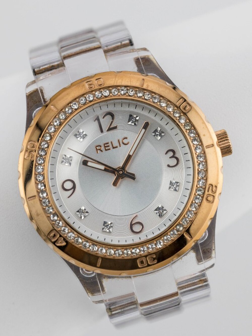 Relic ZR11901 Rose Gold Clear Acrylic Quartz Analog Women's Watch New Battery